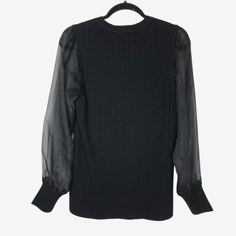 Talbots Womens Sheer Metallic Balloon Sleeve V-Neck Sweater Size L Black Holiday - Picture 4 of 11